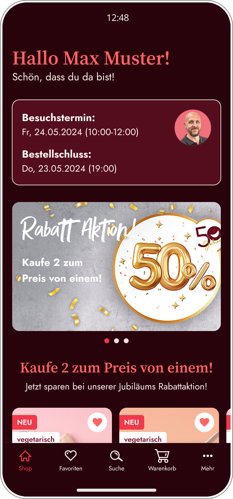Startscreen der Eismann App im Dark Mode mit persönlicher Begrüßung, nächstem Liefertermin, aktiver Rabattaktion und direktem Einstieg in den Shop.