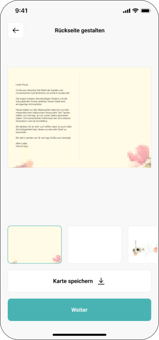 Bearbeitung der Kartenrückseite mit Text und Layoutoptionen vor dem Speichern oder Versenden.
